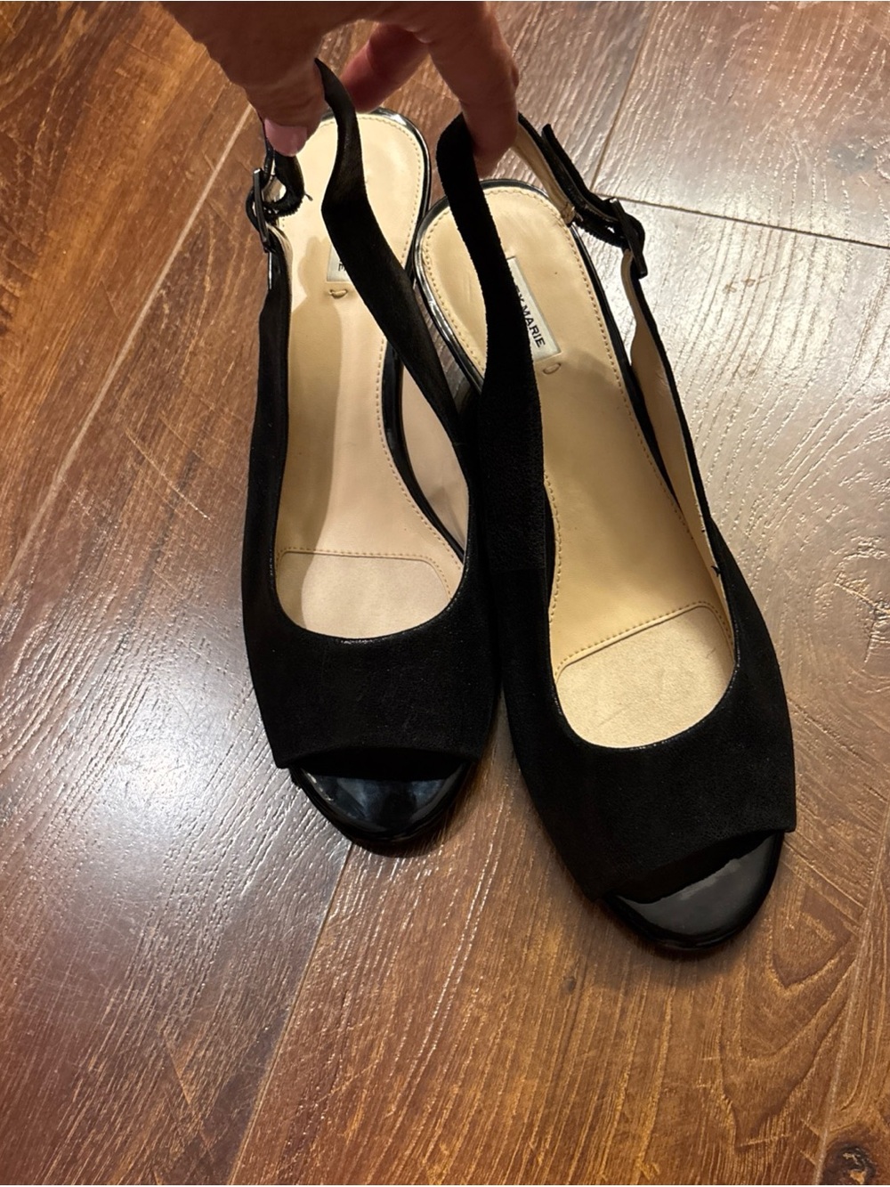 Alex Marie Women’s Black Leather Slingback Open Toe Wedge Buckle Heels 10